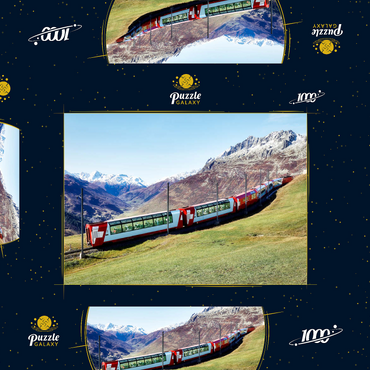 Ein Express mit Panoramafenstern und Blick auf die Wiesen auf den Bergen und schneebedeckten Bergen unter blausonnigem Himmel in Andermatt, Uri, Schweiz 1000 Puzzle Schachtel 3D Modell
