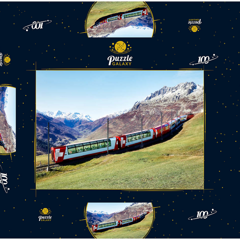 Ein Express mit Panoramafenstern und Blick auf die Wiesen auf den Bergen und schneebedeckten Bergen unter blausonnigem Himmel in Andermatt, Uri, Schweiz 100 Puzzle Schachtel 3D Modell