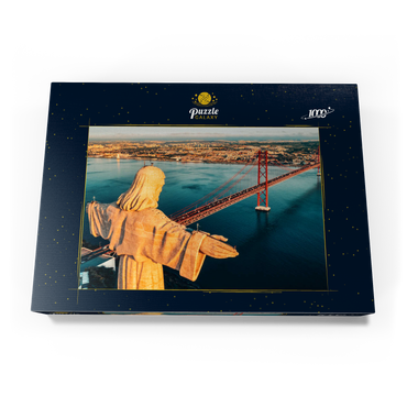 Luftbild des Heiligtums Christi des Königs, Santuario de Cristo Rei. Lissabon, Portugal. Drohnenfoto bei Sonnenaufgang. katholisches Denkmal 1000 Puzzle Schachtel Ansicht3