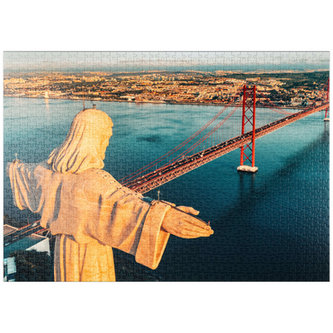 puzzleplate Luftbild des Heiligtums Christi des Königs, Santuario de Cristo Rei. Lissabon, Portugal. Drohnenfoto bei Sonnenaufgang. katholisches Denkmal 1000 Puzzle