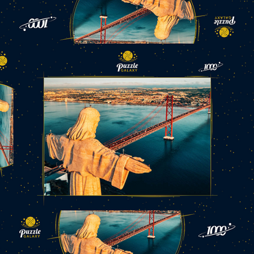 Luftbild des Heiligtums Christi des Königs, Santuario de Cristo Rei. Lissabon, Portugal. Drohnenfoto bei Sonnenaufgang. katholisches Denkmal 1000 Puzzle Schachtel 3D Modell
