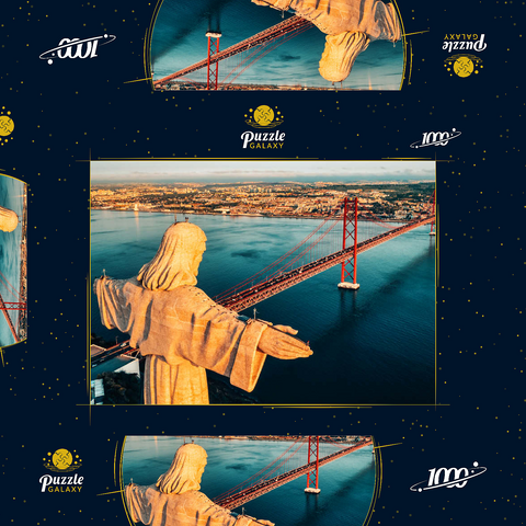 Luftbild des Heiligtums Christi des Königs, Santuario de Cristo Rei. Lissabon, Portugal. Drohnenfoto bei Sonnenaufgang. katholisches Denkmal 1000 Puzzle Schachtel 3D Modell
