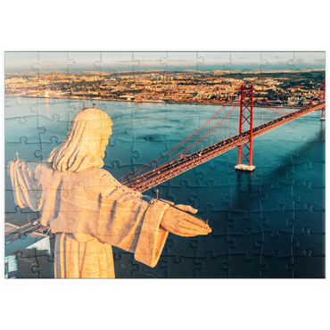 puzzleplate Luftbild des Heiligtums Christi des Königs, Santuario de Cristo Rei. Lissabon, Portugal. Drohnenfoto bei Sonnenaufgang. katholisches Denkmal 100 Puzzle