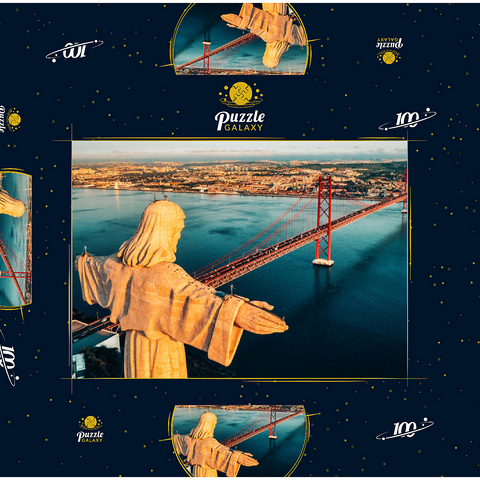 Luftbild des Heiligtums Christi des Königs, Santuario de Cristo Rei. Lissabon, Portugal. Drohnenfoto bei Sonnenaufgang. katholisches Denkmal 100 Puzzle Schachtel 3D Modell