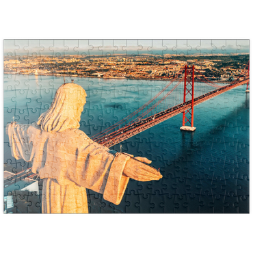 puzzleplate Luftbild des Heiligtums Christi des Königs, Santuario de Cristo Rei. Lissabon, Portugal. Drohnenfoto bei Sonnenaufgang. katholisches Denkmal 200 Puzzle