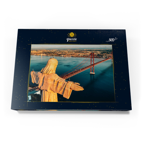Luftbild des Heiligtums Christi des Königs, Santuario de Cristo Rei. Lissabon, Portugal. Drohnenfoto bei Sonnenaufgang. katholisches Denkmal 500 Puzzle Schachtel Ansicht3