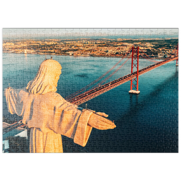puzzleplate Luftbild des Heiligtums Christi des Königs, Santuario de Cristo Rei. Lissabon, Portugal. Drohnenfoto bei Sonnenaufgang. katholisches Denkmal 500 Puzzle