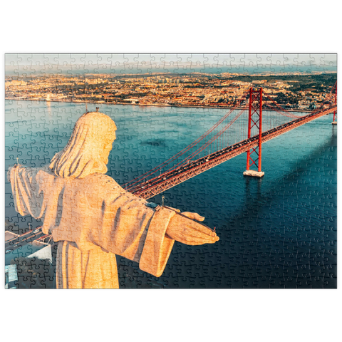 puzzleplate Luftbild des Heiligtums Christi des Königs, Santuario de Cristo Rei. Lissabon, Portugal. Drohnenfoto bei Sonnenaufgang. katholisches Denkmal 500 Puzzle
