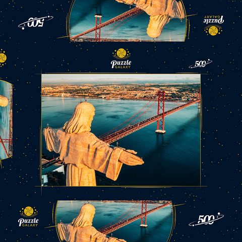 Luftbild des Heiligtums Christi des Königs, Santuario de Cristo Rei. Lissabon, Portugal. Drohnenfoto bei Sonnenaufgang. katholisches Denkmal 500 Puzzle Schachtel 3D Modell