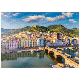 Darstellung des Puzzle Motivs Bosa mit farbigen Häusern und einer mittelalterlichen Burg, Sardinien, Italien - Puzzleteile: 1000