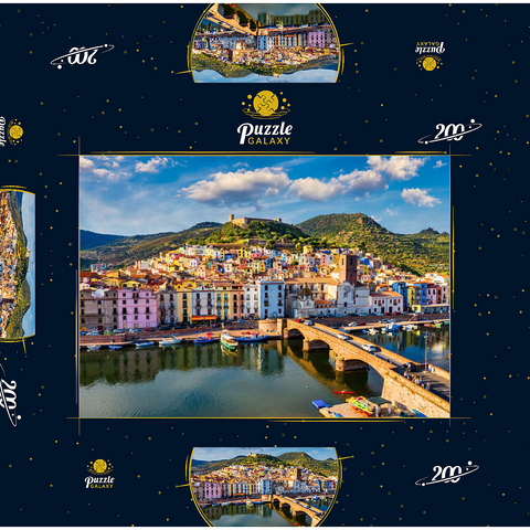 Luftblick auf das schöne Dorf Bosa mit farbigen Häusern und einer mittelalterlichen Burg. Bosa liegt im Nordwesten Sardiniens, Italien. Luftbild der bunten Häuser in Bosa Dorf, Sardegna. 200 Puzzle Schachtel 3D Modell