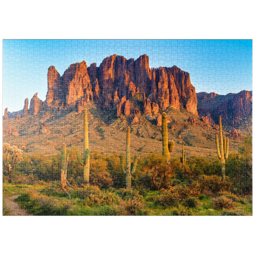 puzzleplate Die Superstitionsberge und die Wüstenlandschaft von Sonoran bei Sonnenuntergang im Lost Dutchman State Park, Arizona 1000 Puzzle