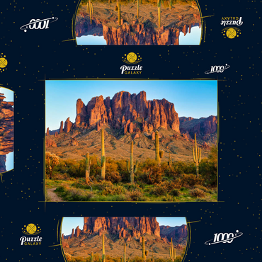 Die Superstitionsberge und die Wüstenlandschaft von Sonoran bei Sonnenuntergang im Lost Dutchman State Park, Arizona 1000 Puzzle Schachtel 3D Modell