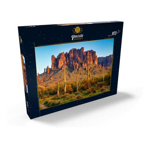 Die Superstitionsberge und die Wüstenlandschaft von Sonoran bei Sonnenuntergang im Lost Dutchman State Park, Arizona 100 Puzzle Schachtel Ansicht2
