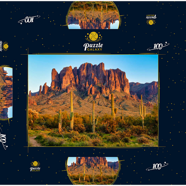 Die Superstitionsberge und die Wüstenlandschaft von Sonoran bei Sonnenuntergang im Lost Dutchman State Park, Arizona 100 Puzzle Schachtel 3D Modell