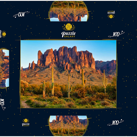 Die Superstitionsberge und die Wüstenlandschaft von Sonoran bei Sonnenuntergang im Lost Dutchman State Park, Arizona 100 Puzzle Schachtel 3D Modell
