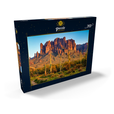 Die Superstitionsberge und die Wüstenlandschaft von Sonoran bei Sonnenuntergang im Lost Dutchman State Park, Arizona 200 Puzzle Schachtel Ansicht2