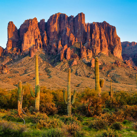 Die Superstitionsberge und die Wüstenlandschaft von Sonoran bei Sonnenuntergang im Lost Dutchman State Park, Arizona 500 Puzzle 3D Modell