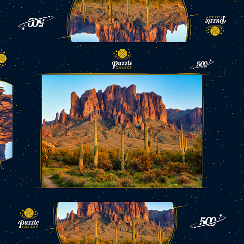 Die Superstitionsberge und die Wüstenlandschaft von Sonoran bei Sonnenuntergang im Lost Dutchman State Park, Arizona 500 Puzzle Schachtel 3D Modell