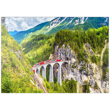 puzzleplate Glacier Express auf dem Landwasserviadukt, Schweiz, dem Wahrzeichen der Schweizer Alpen. Der rote Bernina-Zug fährt auf der Eisenbahnbrücke in den Bergen. Luftaufnahme der Eisenbahn im Sommer. Schöne Alpenlandschaft 1000 Puzzle
