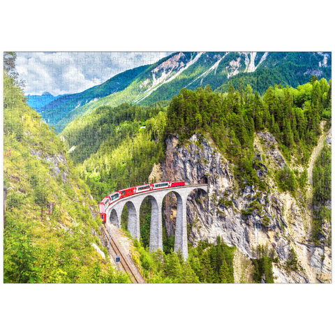 puzzleplate Glacier Express auf dem Landwasserviadukt, Schweiz, dem Wahrzeichen der Schweizer Alpen. Der rote Bernina-Zug fährt auf der Eisenbahnbrücke in den Bergen. Luftaufnahme der Eisenbahn im Sommer. Schöne Alpenlandschaft 1000 Puzzle