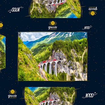 Glacier Express auf dem Landwasserviadukt, Schweiz, dem Wahrzeichen der Schweizer Alpen. Der rote Bernina-Zug fährt auf der Eisenbahnbrücke in den Bergen. Luftaufnahme der Eisenbahn im Sommer. Schöne Alpenlandschaft 1000 Puzzle Schachtel 3D Modell