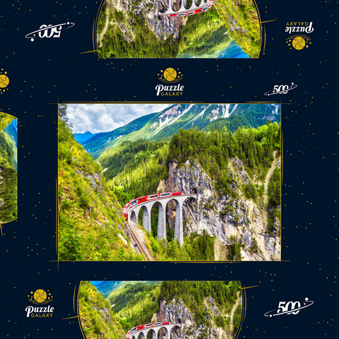Glacier Express auf dem Landwasserviadukt, Schweiz, dem Wahrzeichen der Schweizer Alpen. Der rote Bernina-Zug fährt auf der Eisenbahnbrücke in den Bergen. Luftaufnahme der Eisenbahn im Sommer. Schöne Alpenlandschaft 500 Puzzle Schachtel 3D Modell