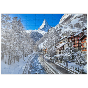 puzzleplate Das Bergdorf Zermatt in der Schweiz, Das Matterhorn, Alpenfluss. 100 Puzzle
