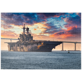 Darstellung des Puzzle-Motivs Ein Schiff der US-Marine verlässt die Bucht von San Diego und fährt in den Pazifischen Ozean – Puzzleteile: 1000
