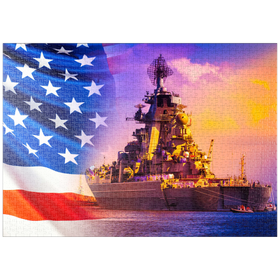 Darstellung des Puzzle-Motivs Ein Kriegsschiff mit Seeleuten auf Deck vor dem Hintergrund der US-Flagge – Puzzleteile: 1000