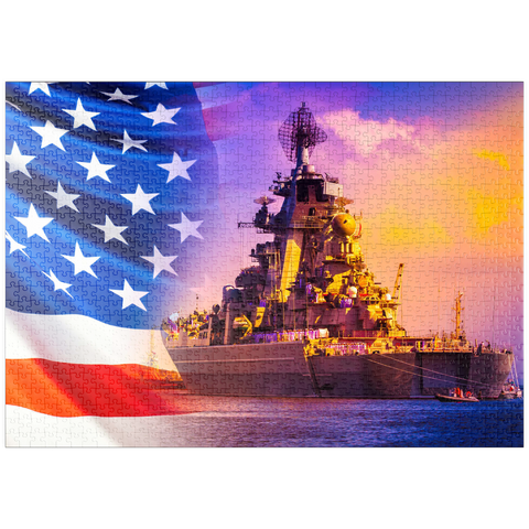 puzzleplate Militärparade amerikanischer Truppen. Ein Kriegsschiff mit Seeleuten auf Deck vor dem Hintergrund der US-Flagge. Amerikanische Flotte. Die Marinestreitkräfte Amerikas. Schutz der Wassergrenzen des Landes. 1000 Puzzle
