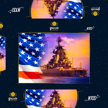 Militärparade amerikanischer Truppen. Ein Kriegsschiff mit Seeleuten auf Deck vor dem Hintergrund der US-Flagge. Amerikanische Flotte. Die Marinestreitkräfte Amerikas. Schutz der Wassergrenzen des Landes. 1000 Puzzle Schachtel 3D Modell