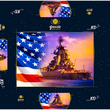 Militärparade amerikanischer Truppen. Ein Kriegsschiff mit Seeleuten auf Deck vor dem Hintergrund der US-Flagge. Amerikanische Flotte. Die Marinestreitkräfte Amerikas. Schutz der Wassergrenzen des Landes. 100 Puzzle Schachtel 3D Modell