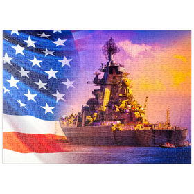 Darstellung des Puzzle-Motivs Ein Kriegsschiff mit Seeleuten auf Deck vor dem Hintergrund der US-Flagge – Puzzleteile: 500