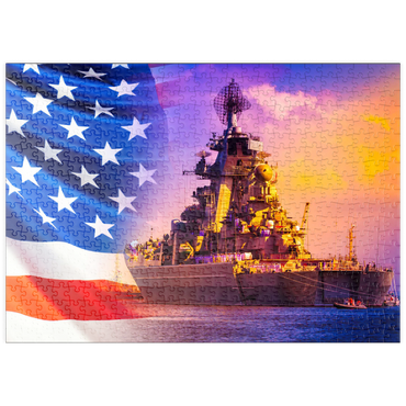 puzzleplate Militärparade amerikanischer Truppen. Ein Kriegsschiff mit Seeleuten auf Deck vor dem Hintergrund der US-Flagge. Amerikanische Flotte. Die Marinestreitkräfte Amerikas. Schutz der Wassergrenzen des Landes. 500 Puzzle