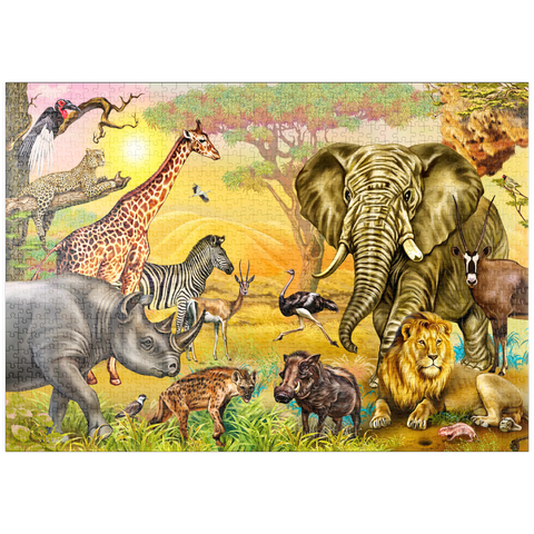 puzzleplate afrikanische Savannen: Nashörner, Raben, Rabe, Hyäne, Weber, Strauße, Leopard, Warzenschwein, Oryx, Gazelle, Grabstreiber, Storch, Elefant, Zebra, Giraffe, Löwe, realistische Zeichnung 1000 Puzzle