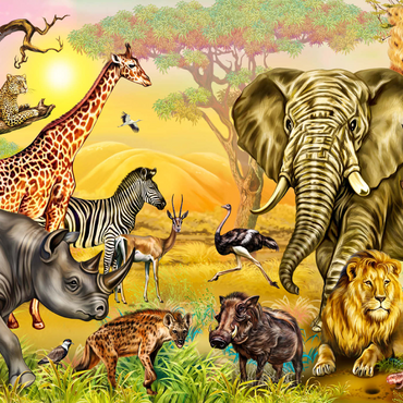 afrikanische Savannen: Nashörner, Raben, Rabe, Hyäne, Weber, Strauße, Leopard, Warzenschwein, Oryx, Gazelle, Grabstreiber, Storch, Elefant, Zebra, Giraffe, Löwe, realistische Zeichnung 1000 Puzzle 3D Modell