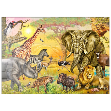 puzzleplate afrikanische Savannen: Nashörner, Raben, Rabe, Hyäne, Weber, Strauße, Leopard, Warzenschwein, Oryx, Gazelle, Grabstreiber, Storch, Elefant, Zebra, Giraffe, Löwe, realistische Zeichnung 100 Puzzle