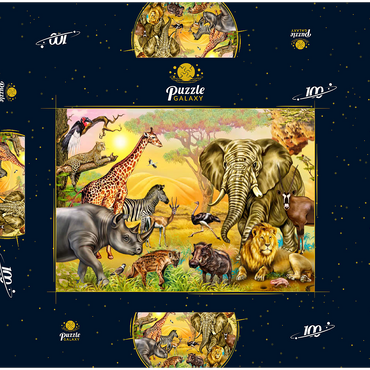 afrikanische Savannen: Nashörner, Raben, Rabe, Hyäne, Weber, Strauße, Leopard, Warzenschwein, Oryx, Gazelle, Grabstreiber, Storch, Elefant, Zebra, Giraffe, Löwe, realistische Zeichnung 100 Puzzle Schachtel 3D Modell