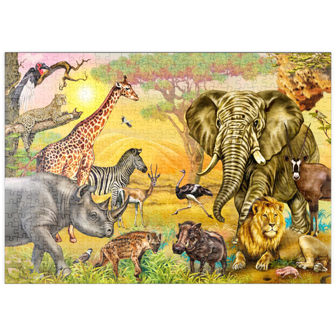 puzzleplate afrikanische Savannen: Nashörner, Raben, Rabe, Hyäne, Weber, Strauße, Leopard, Warzenschwein, Oryx, Gazelle, Grabstreiber, Storch, Elefant, Zebra, Giraffe, Löwe, realistische Zeichnung 500 Puzzle
