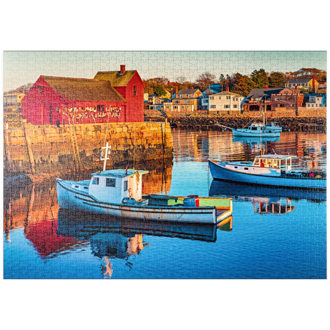 puzzleplate Rockport Hafen in Massachusetts mit seinen Hummerbooten und Dorf reflektieren im stillen Wasser des Tages. Die Farben geben der Stadt ein nostalgisches Gefühl. 1000 Puzzle