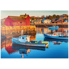 Darstellung des Puzzle Motivs Hummerboote und Dorf reflektieren im stillen Wasser des Tages - Puzzleteile: 1000