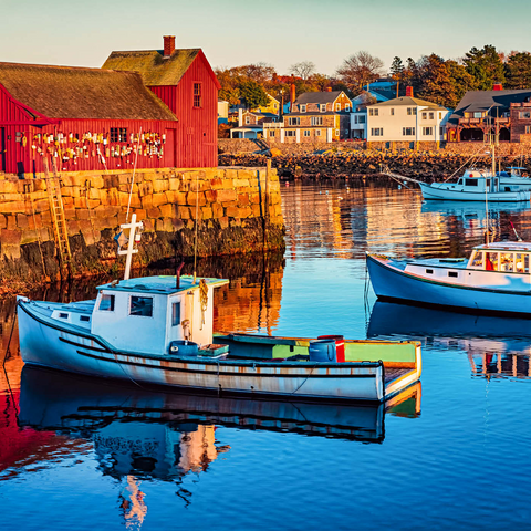 Rockport Hafen in Massachusetts mit seinen Hummerbooten und Dorf reflektieren im stillen Wasser des Tages. Die Farben geben der Stadt ein nostalgisches Gefühl. 1000 Puzzle 3D Modell