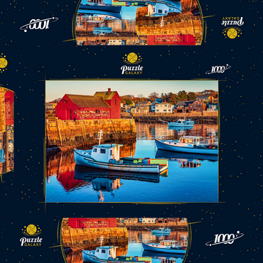 Rockport Hafen in Massachusetts mit seinen Hummerbooten und Dorf reflektieren im stillen Wasser des Tages. Die Farben geben der Stadt ein nostalgisches Gefühl. 1000 Puzzle Schachtel 3D Modell