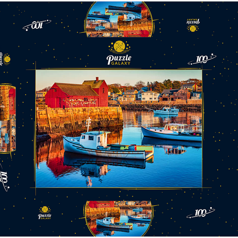 Rockport Hafen in Massachusetts mit seinen Hummerbooten und Dorf reflektieren im stillen Wasser des Tages. Die Farben geben der Stadt ein nostalgisches Gefühl. 100 Puzzle Schachtel 3D Modell
