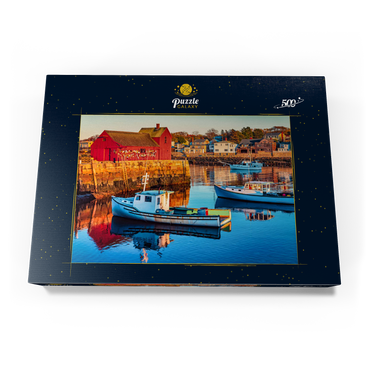 Rockport Hafen in Massachusetts mit seinen Hummerbooten und Dorf reflektieren im stillen Wasser des Tages. Die Farben geben der Stadt ein nostalgisches Gefühl. 500 Puzzle Schachtel Ansicht3