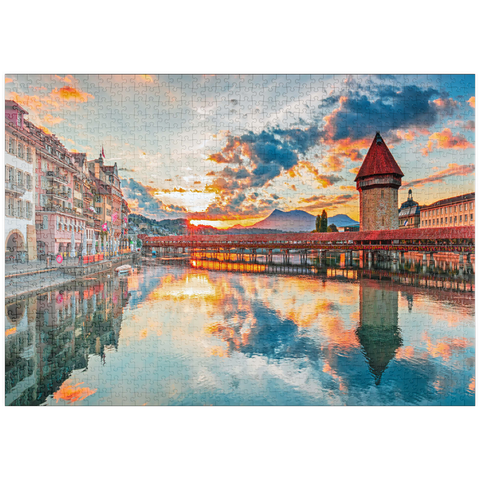 puzzleplate Sonnenuntergang im historischen Stadtzentrum von Luzern mit der berühmten Kapellbrücke und dem Vierwaldstattersee, Kanton Luzern, Schweiz 1000 Puzzle
