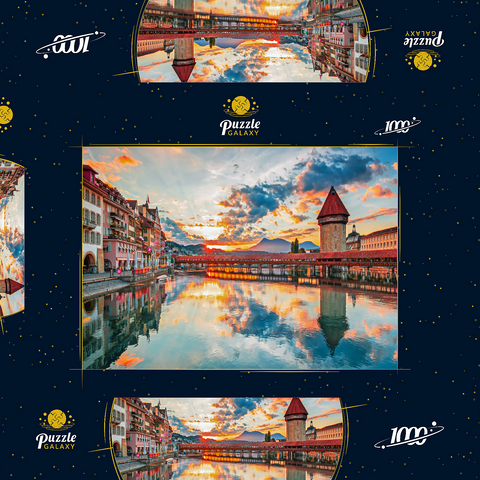 Sonnenuntergang im historischen Stadtzentrum von Luzern mit der berühmten Kapellbrücke und dem Vierwaldstattersee, Kanton Luzern, Schweiz 1000 Puzzle Schachtel 3D Modell