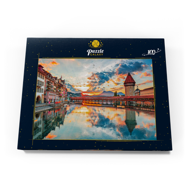 Sonnenuntergang im historischen Stadtzentrum von Luzern mit der berühmten Kapellbrücke und dem Vierwaldstattersee, Kanton Luzern, Schweiz 100 Puzzle Schachtel Ansicht3