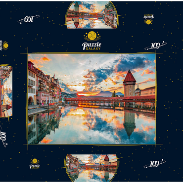 Sonnenuntergang im historischen Stadtzentrum von Luzern mit der berühmten Kapellbrücke und dem Vierwaldstattersee, Kanton Luzern, Schweiz 100 Puzzle Schachtel 3D Modell